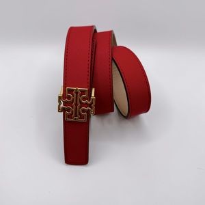 Tory Burch 1” Reversible Leather Belt in Red/Tan W/ Gold Hardware